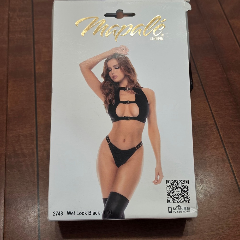 Mapale Lingerie Set Women L/XL Black 2748 Wet Look Buckle Top Two Piece Sexy